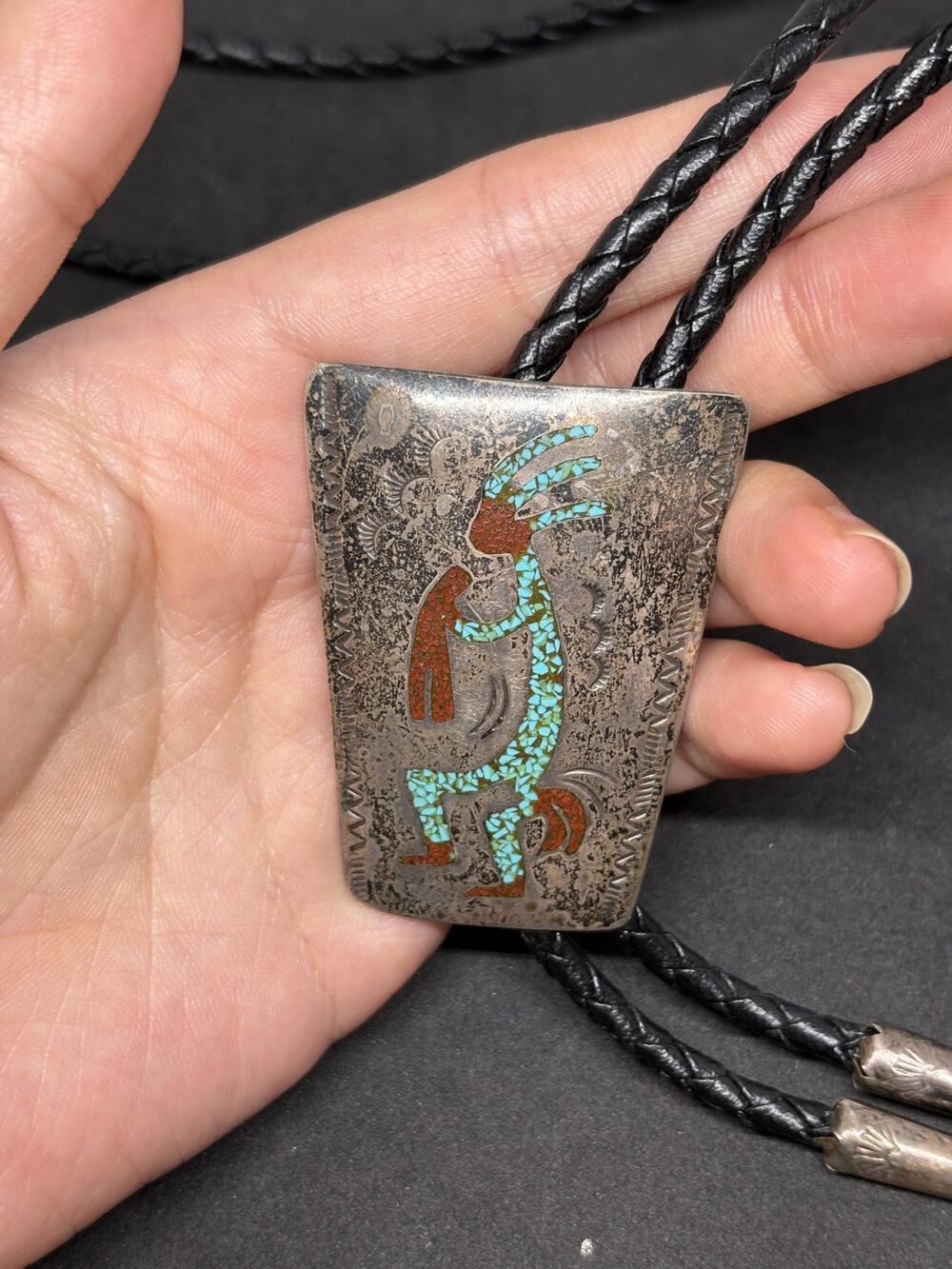 VTG Cester Charley Native American Navajo Sterling Bolo Tie Turquoise Coral 39”